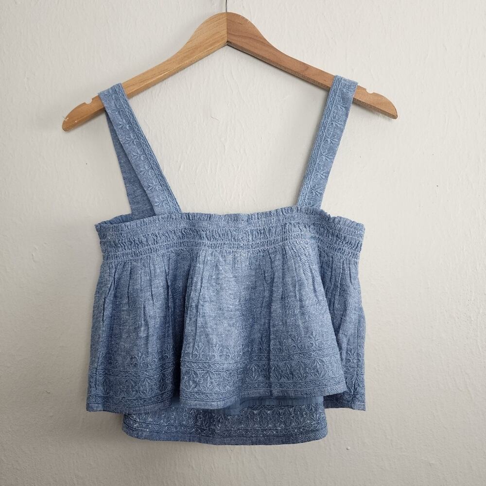 American Eagle Blue Denim Chambray Floral Embroidered Crop Top NWT Small - Picture 7 of 10